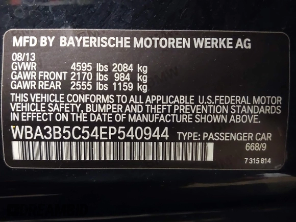 2014 BMW 3 Series 328i xDrive with VIN WBA3B5C54EP540944, listed as a IAAI auction lot 42105556 with 157,617 mi miles. Bid and sale history available at carsss.com. Image 9.