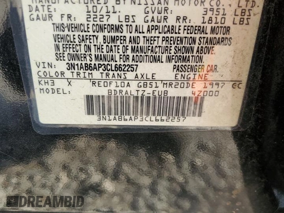 2012 Nissan Sentra S with VIN 3N1AB6AP3CL662257, listed as a Copart auction lot 59792835 with Not provided miles and Salvage title. Bid and sale history available at DreamBid. Image 12.