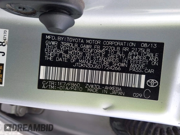 2013 Toyota Prius One z VIN JTDKN3DU6D1724266, wystawiony jako IAAI lot #41188620 z przebiegiem 271 903 mil mil oraz . Historia ofert i sprzedaży dostępna na DreamBid. Obrazek 9.