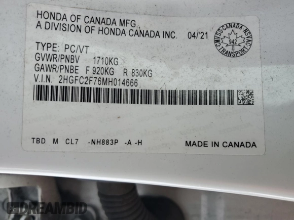 2021 Honda Civic Sedan EX with VIN 2HGFC2F76MH014666, listed as a Copart auction lot 46455305 with 146,235 mi miles and Clean Title. Bid and sale history available at carsss.com. Image 12.