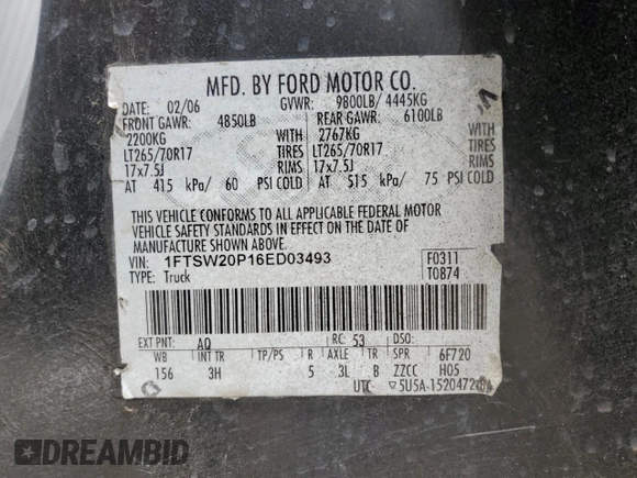 2006 Ford F-250 XL с VIN 1FTSW20P16ED03493, выставлен на аукционе Copart как лот 45161435 с пробегом 101 445 миль миль и Чистый • Clean title. История ставок и продаж доступна на DreamBid. Изображение 13.