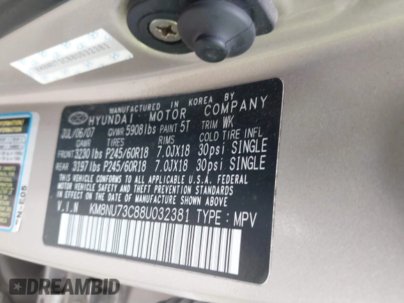 2008 Hyundai Veracruz GLS with VIN KM8NU73C88U032381, listed as a IAAI auction lot 42112303 with 210,160 mi miles and . Bid and sale history available at DreamBid. Image 9.