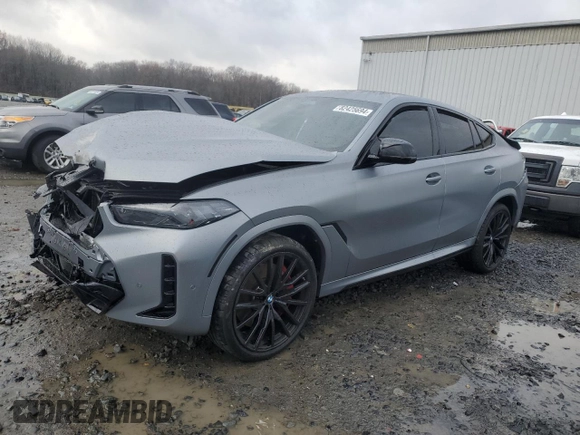 2025 BMW X6 M60i with VIN 5UX43EX01S9X34140, listed as a Copart auction lot 82425694 with 6,844 mi miles and Salvage Title. Bid and sale history available at carsss.com. Image 1.