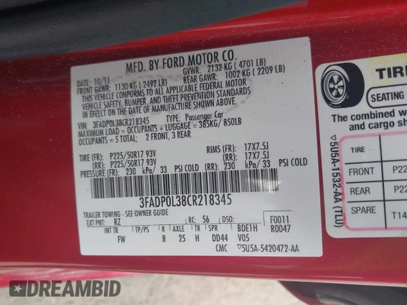 2012 Ford Fusion Hybrid with VIN 3FADP0L38CR218345, listed as a IAAI auction lot 42288247 with 217,118 mi miles and . Bid and sale history available at DreamBid. Image 9.