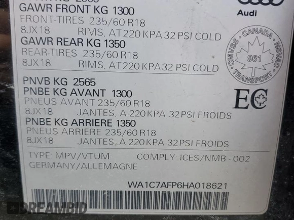 2017 Audi Q5 с VIN WA1C7AFP6HA018621, выставлен на аукционе Copart как лот 52890425 с пробегом 91 667 миль миль и Списание • Salvage title. История ставок и продаж доступна на DreamBid. Изображение 13.