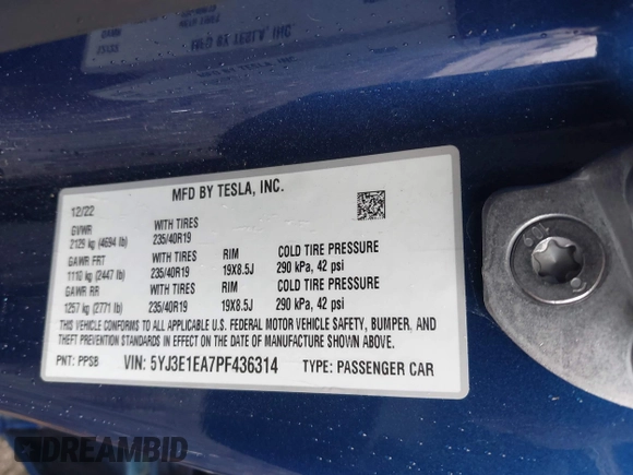 2023 Tesla Model 3 z VIN 5YJ3E1EA7PF436314, wystawiony jako IAAI lot #42340337 z przebiegiem 39 247 mil mil oraz . Historia ofert i sprzedaży dostępna na DreamBid. Obrazek 9.