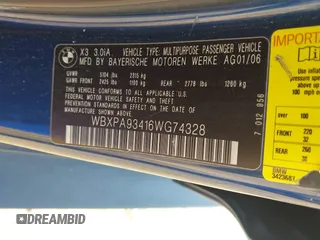 2006 BMW X3 3.0i z VIN WBXPA93416WG74328, wystawiony jako IAAI lot #42306495 z przebiegiem 245 787 mil mil oraz . Historia ofert i sprzedaży dostępna na DreamBid. Obrazek 9.