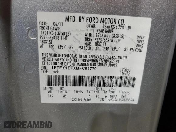 2011 Ford F-150 XL with VIN 1FTFX1EFXBFC01770, listed as a Copart auction lot 89367065 with 196,192 mi miles and Salvage Title. Bid and sale history available at DreamBid. Image 12.
