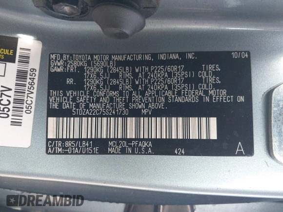 2005 Toyota Sienna XLE with VIN 5TDZA22C75S241730, listed as a IAAI auction lot 42056897 with 264,714 mi miles. Bid and sale history available at carsss.com. Image 9.