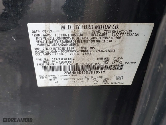 2013 Ford Flex Limited w/EcoBoost with VIN 2FMHK6DT6DBD18919, listed as a IAAI auction lot 40777566 with 166,688 mi miles. Bid and sale history available at carsss.com. Image 9.