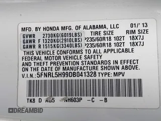 2013 Honda Odyssey Touring with VIN 5FNRL5H99DB041328, listed as a IAAI auction lot 41797520 with 148,523 mi miles and . Bid and sale history available at carsss.com. Image 9.