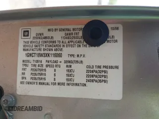 1999 Chevrolet Blazer LS с VIN 1GNCT18W3XK116060, выставлен на аукционе IAAI как лот 42213762 с пробегом 216 788 миль миль и . История ставок и продаж доступна на DreamBid. Изображение 9.