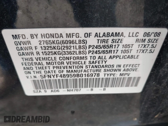 2009 Honda Pilot Touring with VIN 5FNYF48959B016978, listed as a IAAI auction lot 41947782 with 234,115 mi miles and . Bid and sale history available at carsss.com. Image 9.