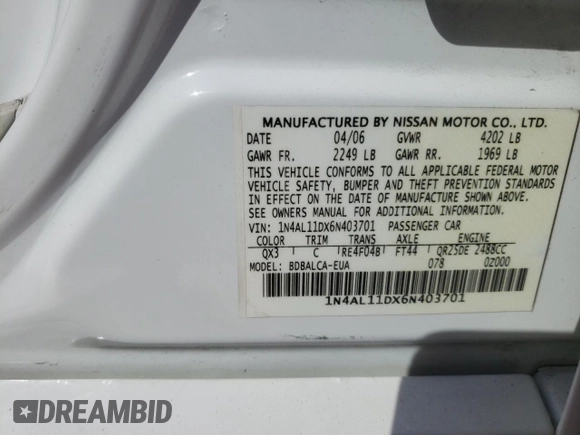 2006 Nissan Altima 2.5 with VIN 1N4AL11DX6N403701, listed as a Copart auction lot 62896934 with 161,312 mi miles and Salvage Title. Bid and sale history available at carsss.com. Image 12.