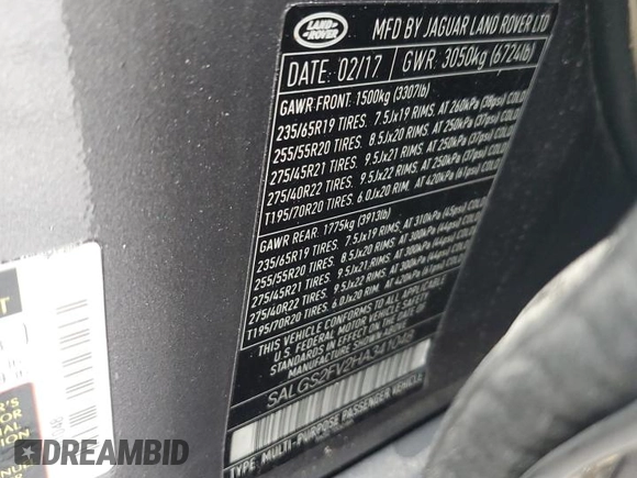 2017 Land Rover Range Rover HSE with VIN SALGS2FV2HA341048, listed as a Copart auction lot 58291295 with 135,135 mi miles and Salvage title. Bid and sale history available at DreamBid. Image 13.