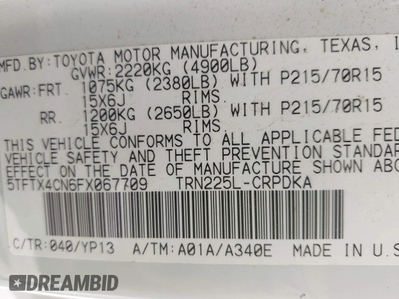 2015 Toyota Tacoma with VIN 5TFTX4CN6FX067709, listed as a IAAI auction lot 42138963 with 119,832 mi miles and . Bid and sale history available at DreamBid. Image 9.