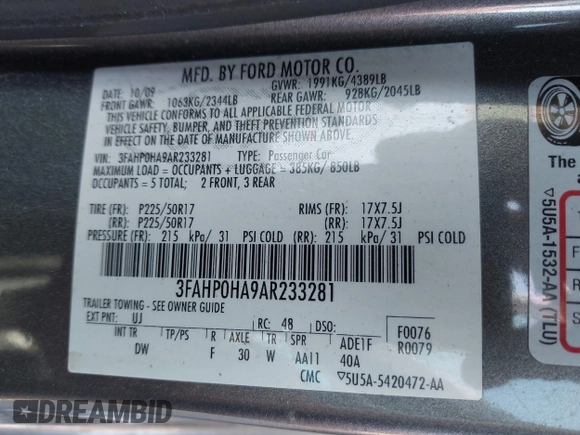 2010 Ford Fusion SE with VIN 3FAHP0HA9AR233281, listed as a IAAI auction lot 41916675 with 73,318 mi miles. Bid and sale history available at carsss.com. Image 9.