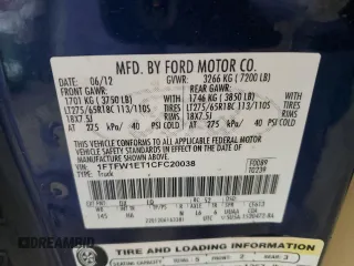 2012 Ford F-150 XL with VIN 1FTFW1ET1CFC20038, listed as a Copart auction lot 44331855 with 93,126 mi miles and Salvage Title. Bid and sale history available at DreamBid. Image 12.