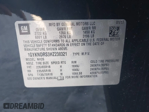 2017 Cadillac XT5 Luxury AWD with VIN 1GYKNDRS3HZ238321, listed as a IAAI auction lot 41838372 with 87,454 mi miles and . Bid and sale history available at DreamBid. Image 9.