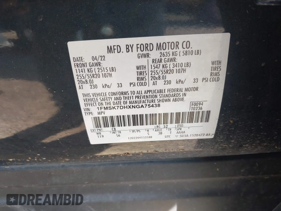 2022 Ford Explorer XLT z VIN 1FMSK7DHXNGA75438, wystawiony jako IAAI lot #42063723 z przebiegiem 45 857 mil mil oraz . Historia ofert i sprzedaży dostępna na DreamBid. Obrazek 9.