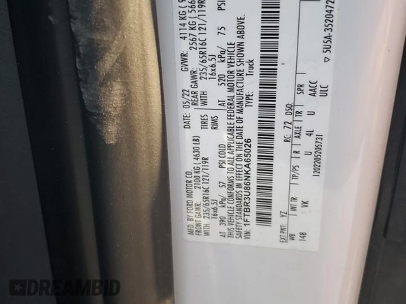2022 Ford Transit Cargo with VIN 1FTBR3U86NKA65026, listed as a Copart auction lot 48978285 with 57,922 mi miles and Salvage title. Bid and sale history available at DreamBid. Image 13.