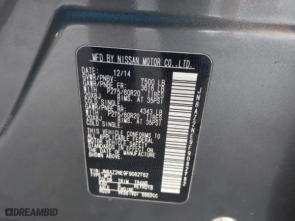 2015 Infiniti QX80 with VIN JN8AZ2NE9F9082782, listed as a IAAI auction lot 41286923 with 189,281 mi miles. Bid and sale history available at carsss.com. Image 9.