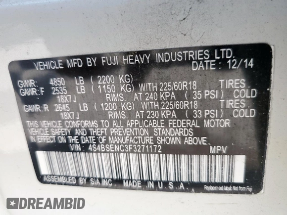 2015 Subaru Outback Limited with VIN 4S4BSENC3F3271172, listed as a Copart auction lot 62163145 with 105,558 mi miles and Salvage title. Bid and sale history available at DreamBid. Image 13.