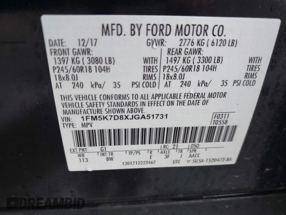 2018 Ford Explorer XLT с VIN 1FM5K7D8XJGA51731, выставлен на аукционе IAAI как лот 42381113 с пробегом 69 326 миль миль и . История ставок и продаж доступна на DreamBid. Изображение 9.