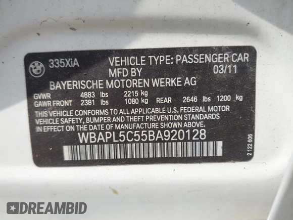 2011 BMW 3 Series 335i xDrive z VIN WBAPL5C55BA920128, wystawiony jako IAAI lot #42473523 z przebiegiem 96 481 mil mil oraz . Historia ofert i sprzedaży dostępna na DreamBid. Obrazek 9.