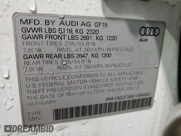 2019 Audi Q3 Premium with VIN WA1AECF38K1084682, listed as a Copart auction lot 86361474 with 48,416 mi miles and Salvage Title. Bid and sale history available at carsss.com. Image 13.