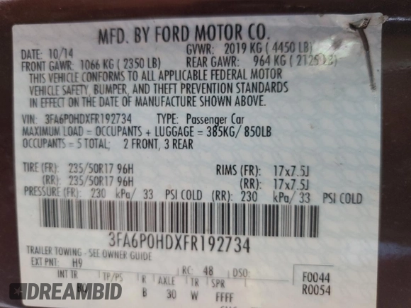 2015 Ford Fusion SE with VIN 3FA6P0HDXFR192734, listed as a Copart auction lot 63684215 with 154,437 mi miles and Clean title. Bid and sale history available at DreamBid. Image 12.