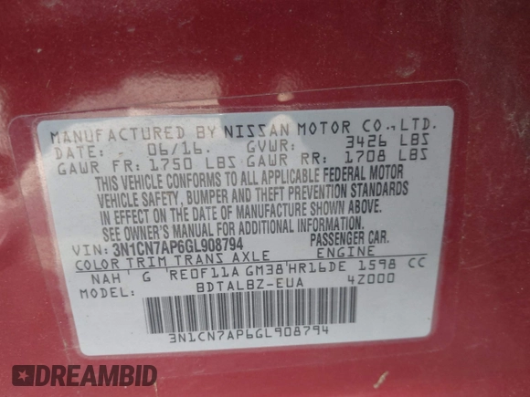 2016 Nissan Versa S Plus with VIN 3N1CN7AP6GL908794, listed as a IAAI auction lot 42077111 with 38,238 mi miles and . Bid and sale history available at DreamBid. Image 9.