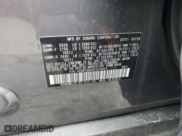 2024 Subaru Outback Limited XT z VIN 4S4BTGND6R3258664, wystawiony jako Copart lot #58023155 z przebiegiem 9 926 mil mil oraz Szkoda całkowita • Salvage title. Historia ofert i sprzedaży dostępna na DreamBid. Obrazek 12.