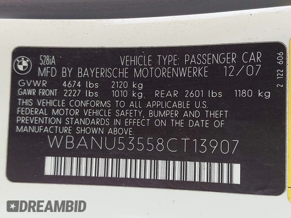 2008 BMW 5 Series 528i with VIN WBANU53558CT13907, listed as a IAAI auction lot 41793831 with Not Provided miles and . Bid and sale history available at carsss.com. Image 9.