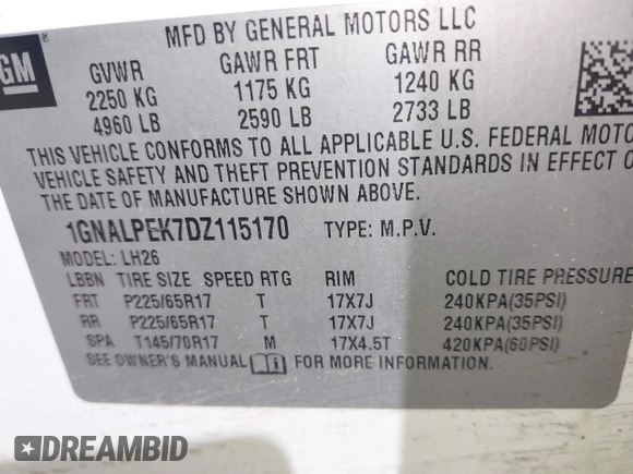 2013 Chevrolet Equinox LT with VIN 1GNALPEK7DZ115170, listed as a IAAI auction lot 41970984 with 179,340 mi miles and . Bid and sale history available at DreamBid. Image 9.