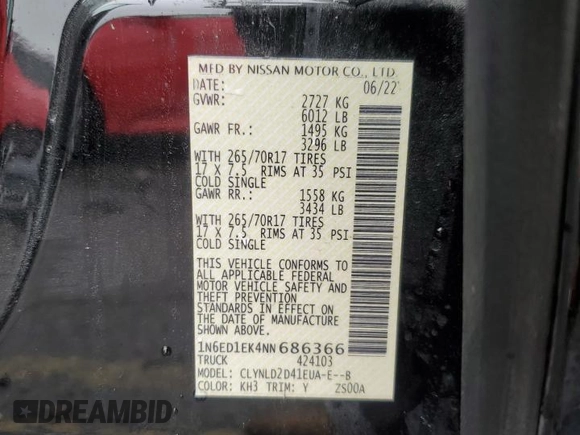 2022 Nissan Frontier Pro-4X z VIN 1N6ED1EK4NN686366, wystawiony jako Copart lot #57396085 z przebiegiem 50 753 mil mil oraz Szkoda całkowita • Salvage title. Historia ofert i sprzedaży dostępna na DreamBid. Obrazek 12.