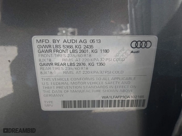 2013 Audi Q5 Premium Plus with VIN WA1LFAFP3DA102165, listed as a IAAI auction lot 41702688 with 96,672 mi miles. Bid and sale history available at carsss.com. Image 9.