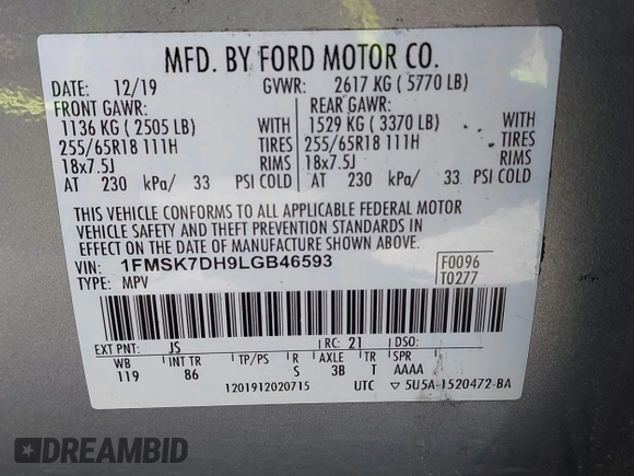 2020 Ford Explorer XLT z VIN 1FMSK7DH9LGB46593, wystawiony jako IAAI lot #42155086 z przebiegiem 90 698 mil mil oraz . Historia ofert i sprzedaży dostępna na DreamBid. Obrazek 9.
