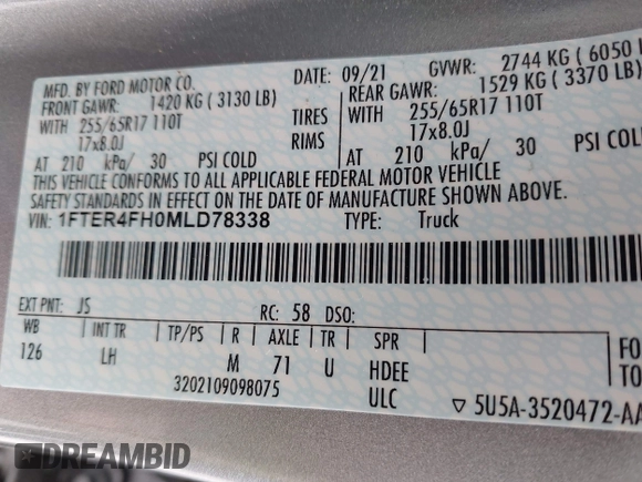 2021 Ford Ranger XL with VIN 1FTER4FH0MLD78338, listed as a IAAI auction lot 42419405 with 50,799 mi miles and . Bid and sale history available at DreamBid. Image 9.