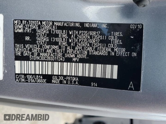 2011 Toyota Sienna XLE AAS with VIN 5TDYK3DC2BS011343, listed as a Copart auction lot 61223675 with 187,206 mi miles and Salvage title. Bid and sale history available at DreamBid. Image 13.