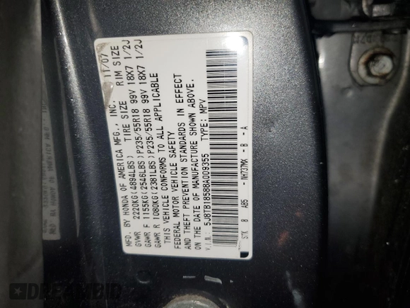 2008 Acura RDX Technology with VIN 5J8TB18588A009355, listed as a Copart auction lot 49830955 with 230,685 mi miles and Salvage Title. Bid and sale history available at carsss.com. Image 12.