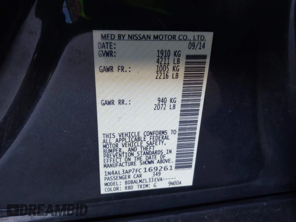 2015 Nissan Altima SL with VIN 1N4AL3AP7FC169261, listed as a IAAI auction lot 41670011 with 164,000 mi miles and . Bid and sale history available at carsss.com. Image 9.