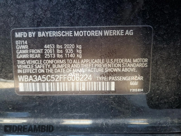 2015 BMW 3 Series 328i with VIN WBA3A5C52FF606224, listed as a Copart auction lot 89073895 with 202,510 mi miles and Clean Title. Bid and sale history available at carsss.com. Image 12.