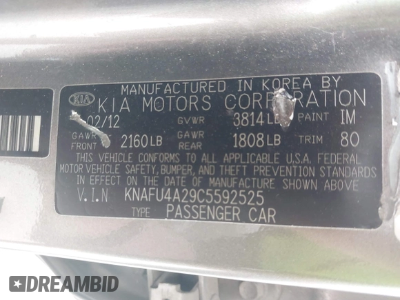 2012 Kia Forte EX with VIN KNAFU4A29C5592525, listed as a IAAI auction lot 41918436 with 190,213 mi miles. Bid and sale history available at carsss.com. Image 9.