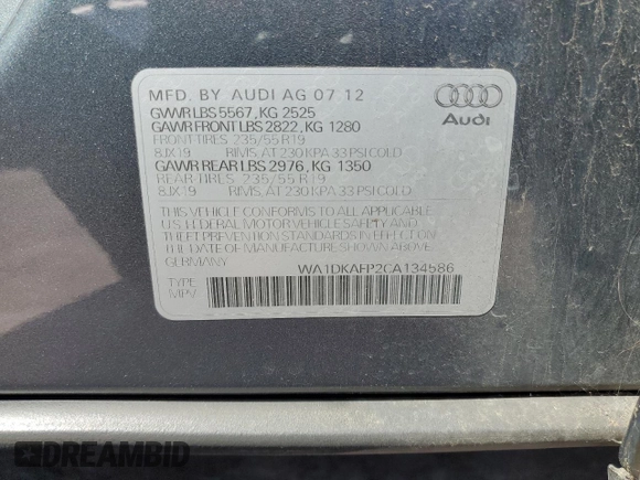2012 Audi Q5 3.2L Premium Plus with VIN WA1DKAFP2CA134586, listed as a Copart auction lot 49959555 with 127,116 mi miles and Clean Title. Bid and sale history available at carsss.com. Image 13.