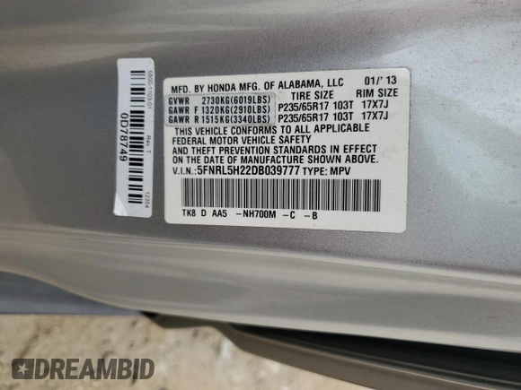 2013 Honda Odyssey LX z VIN 5FNRL5H22DB039777, wystawiony jako Copart lot #59398315 z przebiegiem 228 528 mil mil oraz Czysty tytuł • Clean title. Historia ofert i sprzedaży dostępna na DreamBid. Obrazek 13.
