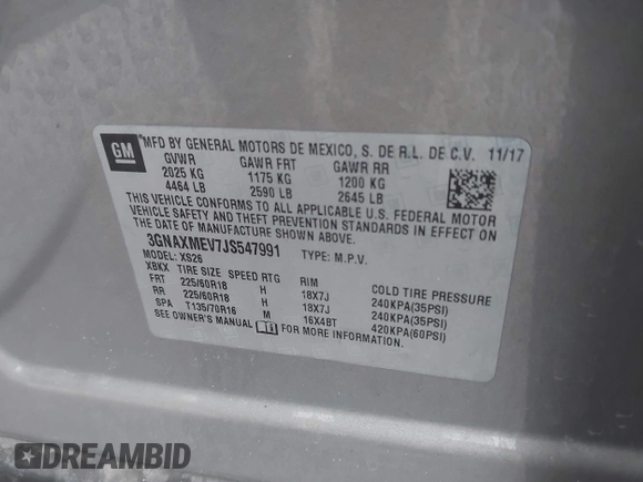 2018 Chevrolet Equinox Premier with VIN 3GNAXMEV7JS547991, listed as a IAAI auction lot 41208640 with 98,879 mi miles. Bid and sale history available at carsss.com. Image 9.