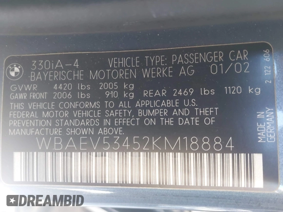 2002 BMW 3 Series 330i with VIN WBAEV53452KM18884, listed as a IAAI auction lot 41573073 with 217,259 mi miles and . Bid and sale history available at DreamBid. Image 9.