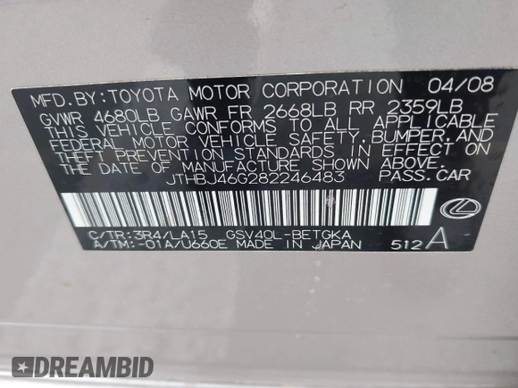 2008 Lexus ES 330 with VIN JTHBJ46G282246483, listed as a IAAI auction lot 41992819 with 168,016 mi miles and . Bid and sale history available at DreamBid. Image 9.