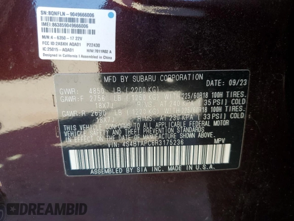 2024 Subaru Outback Touring with VIN 4S4BTAPC6R3175236, listed as a Copart auction lot 49571505 with 13,543 mi miles and Salvage title. Bid and sale history available at DreamBid. Image 13.